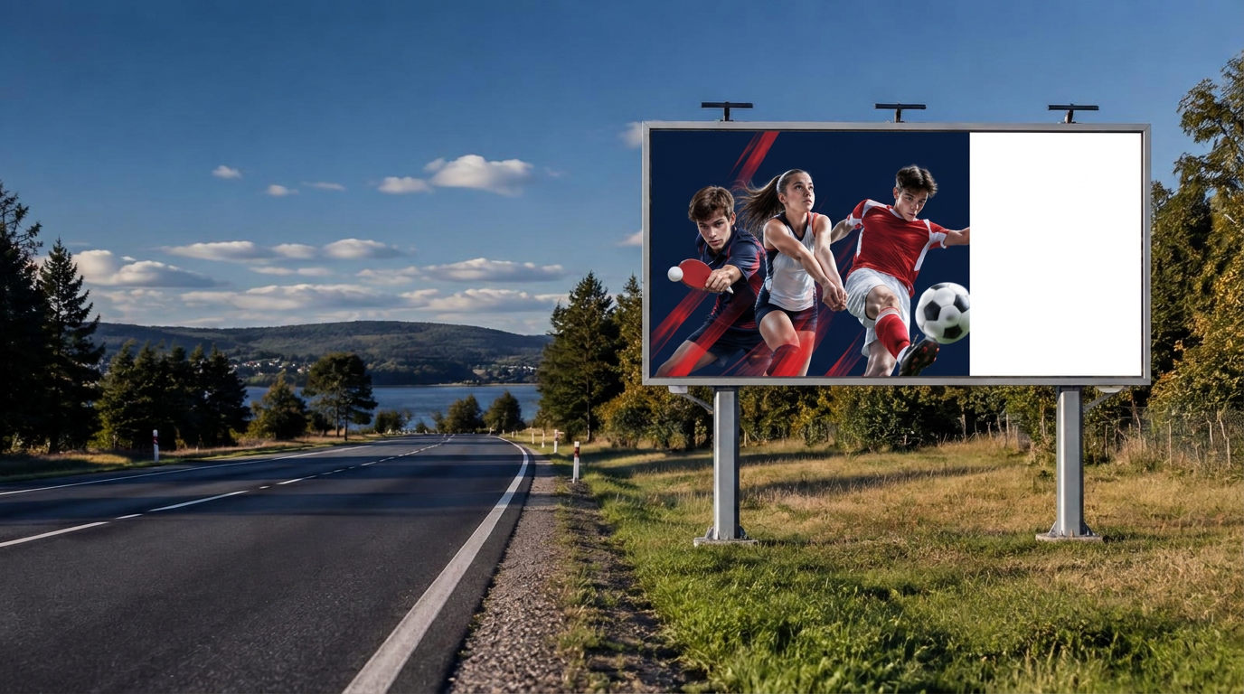 Billboard kampanii przy drodze z trzema młodymi sportowcami i miejscem na logo partnera