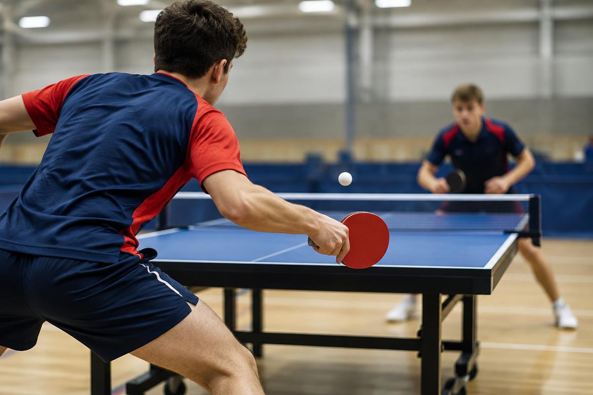 Zawodnicy grają w tenisa stołowego przy stole w hali sportowej